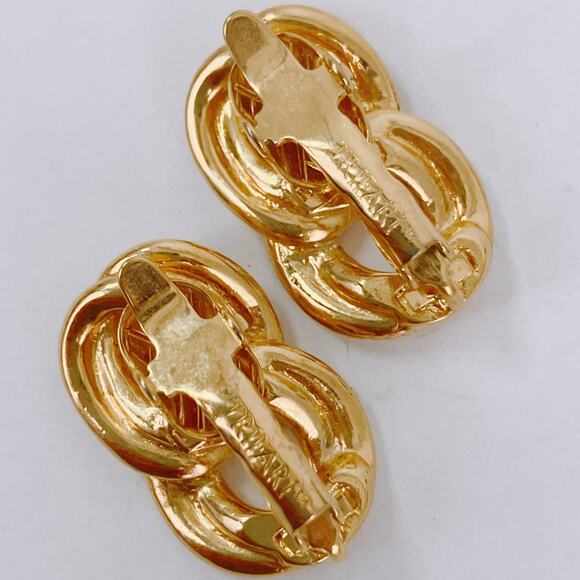 VTG Signed Trifari Clip On Earrings Brilliant Gold Tone Interlocking Rope Loops - Picture 7 of 12